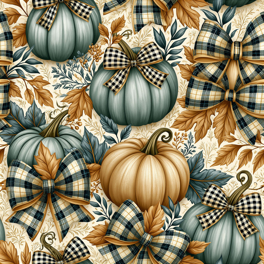 sage green, cream, gold, tan, bronze, black and white gingham, plaid bow, pumpkin, autumn leaves, fall foliage, farmhouse, vintage, rustic, botanical, floral, harvest, thanksgiving, autumn, pumpkin patch, tartan plaid, checkered bow, nature, traditional, elegant, seasonal decor, home accent, fall harvest, woodland, country style