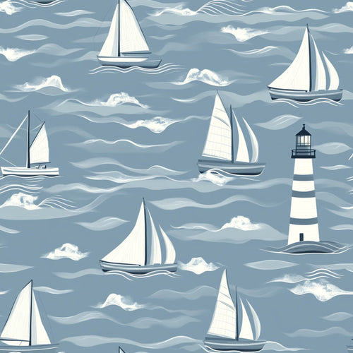 lighthouse, sailboats, nautical theme, ocean waves, blue gray, white sails, coastal scene, maritime design,, fabric panel, sailing vessels, seascape pattern, wavy lines, monochromatic blue, nautical motifs, boat pattern, lighthouse stripes, ocean fabric, marine theme, sailing pattern