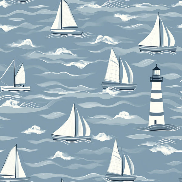 lighthouse, sailboats, nautical theme, ocean waves, blue gray, white sails, coastal scene, maritime design,, fabric panel, sailing vessels, seascape pattern, wavy lines, monochromatic blue, nautical motifs, boat pattern, lighthouse stripes, ocean fabric, marine theme, sailing pattern