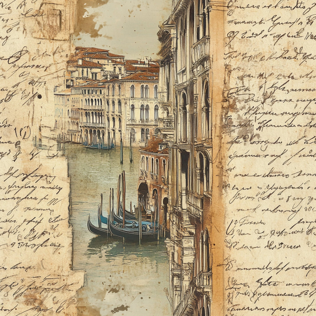 vintage postcard, venice canal, gondolas, italian architecture, handwritten script, sepia tones, aged paper, travel theme, watercolor style, ornate buildings, romantic mood,, fabric panel, antique lettering, european cityscape, nostalgic atmosphere, warm browns, cream background, artistic illustration, vintage correspondence