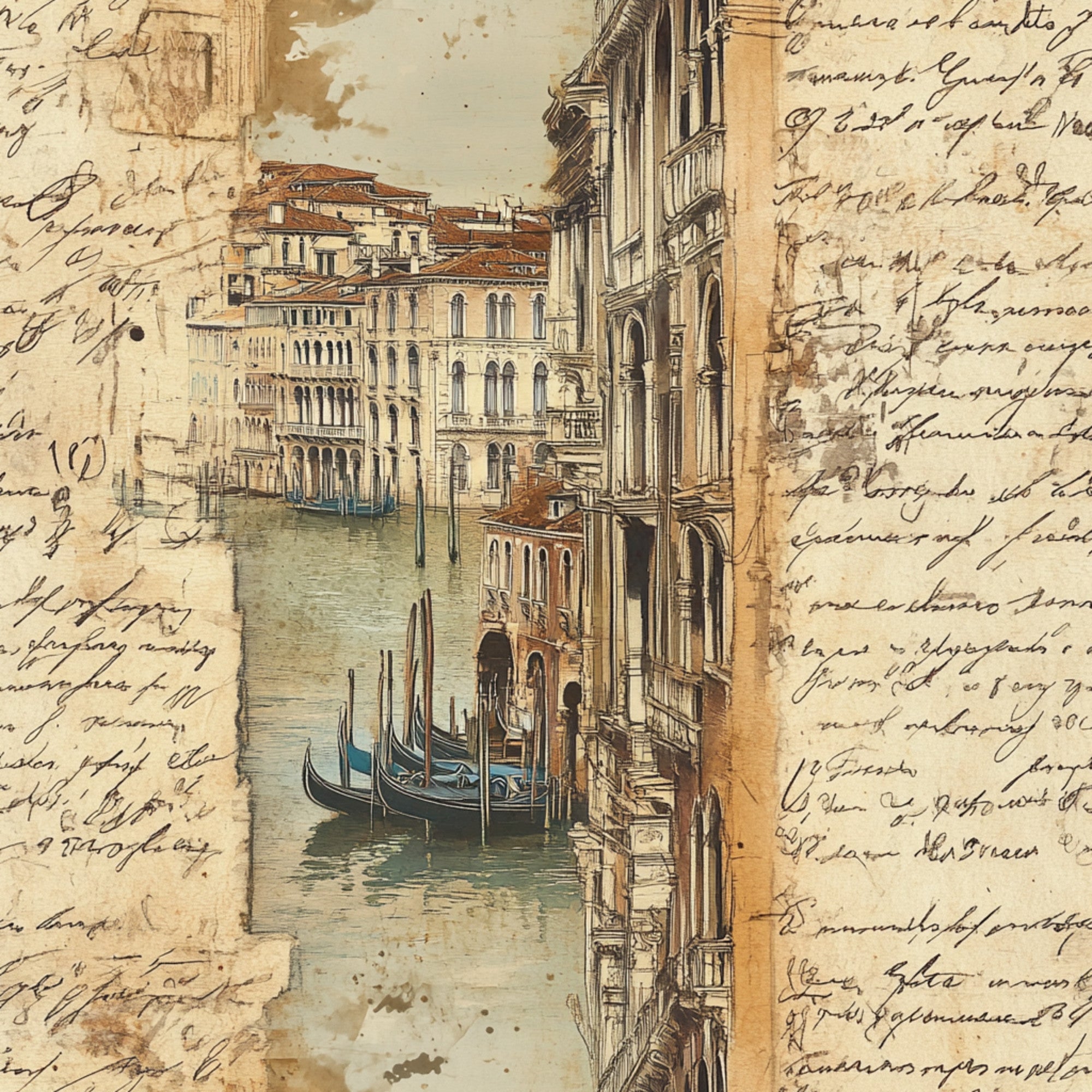 vintage postcard, venice canal, gondolas, italian architecture, handwritten script, sepia tones, aged paper, travel theme, watercolor style, ornate buildings, romantic mood,, fabric panel, antique lettering, european cityscape, nostalgic atmosphere, warm browns, cream background, artistic illustration, vintage correspondence