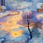 winter scene, dawn sky, bare tree, snow covered ground, wooden houses, swirling brushstrokes, impressionist style, blue tones, orange sunset, purple shadows,, fabric panel, village landscape, post-impressionist, textured paint effect, winter morning, rural setting, artistic rendering, cottage homes, dreamy atmosphere