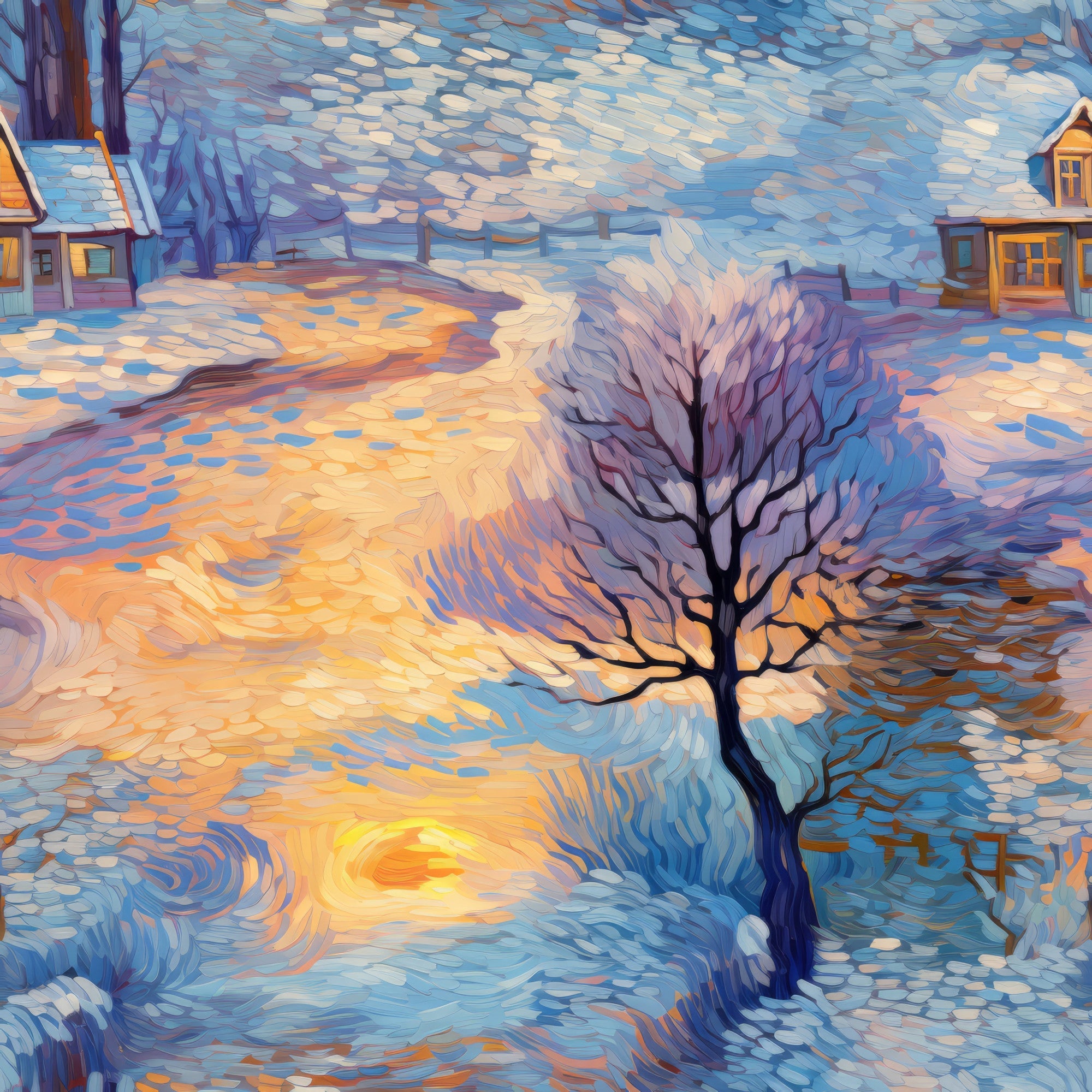 winter scene, dawn sky, bare tree, snow covered ground, wooden houses, swirling brushstrokes, impressionist style, blue tones, orange sunset, purple shadows,, fabric panel, village landscape, post-impressionist, textured paint effect, winter morning, rural setting, artistic rendering, cottage homes, dreamy atmosphere