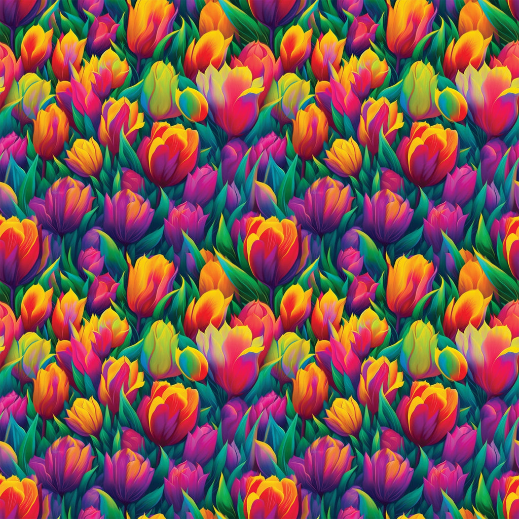 vibrant tulips, rainbow colors, floral pattern, spring flowers, bright pink, golden yellow, purple blooms, orange petals, green leaves,, fabric panel, botanical design, garden theme, colorful blooms, flower field, nature motif, cheerful mood, repeating pattern, densely packed, tulip garden