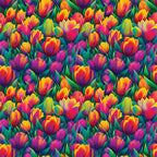 vibrant tulips, rainbow colors, floral pattern, spring flowers, bright pink, golden yellow, purple blooms, orange petals, green leaves,, fabric panel, botanical design, garden theme, colorful blooms, flower field, nature motif, cheerful mood, repeating pattern, densely packed, tulip garden