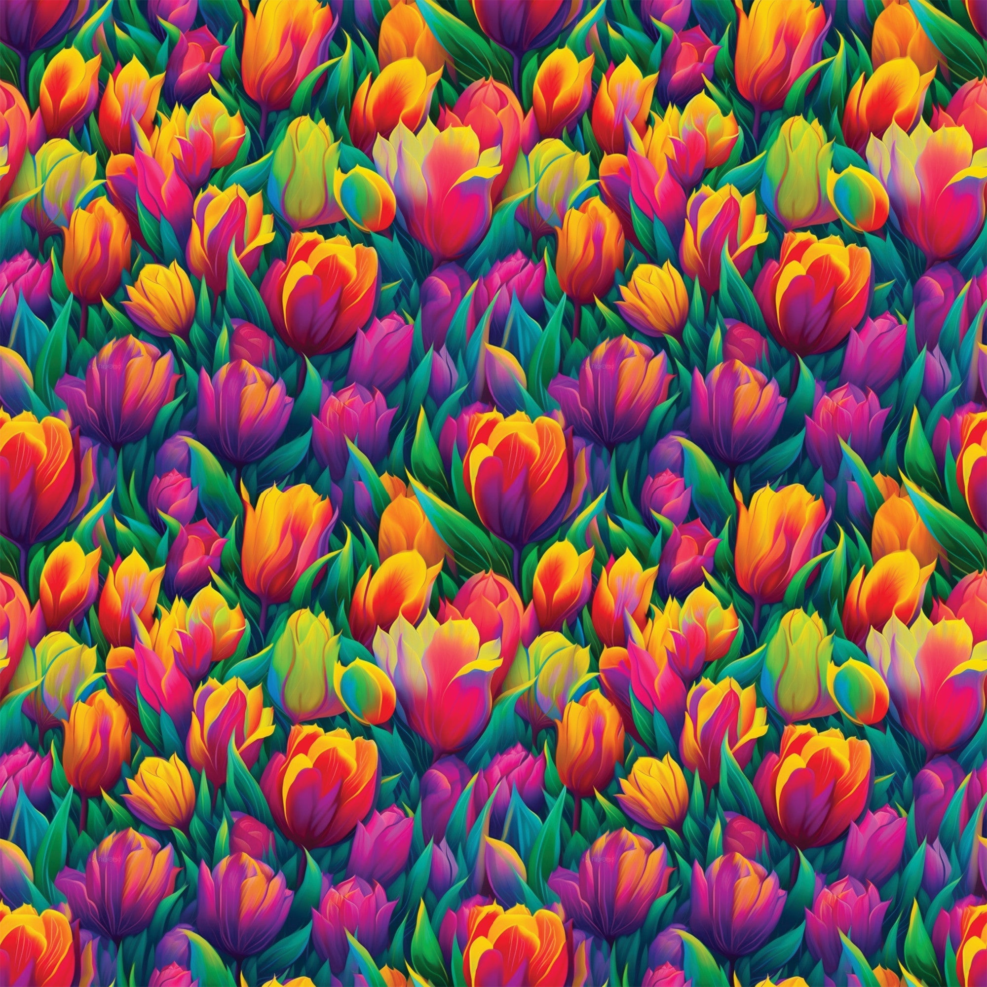 vibrant tulips, rainbow colors, floral pattern, spring flowers, bright pink, golden yellow, purple blooms, orange petals, green leaves,, fabric panel, botanical design, garden theme, colorful blooms, flower field, nature motif, cheerful mood, repeating pattern, densely packed, tulip garden