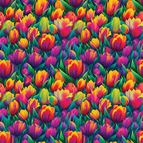 vibrant tulips, rainbow colors, floral pattern, spring flowers, bright pink, golden yellow, purple blooms, orange petals, green leaves,, fabric panel, botanical design, garden theme, colorful blooms, flower field, nature motif, cheerful mood, repeating pattern, densely packed, tulip garden