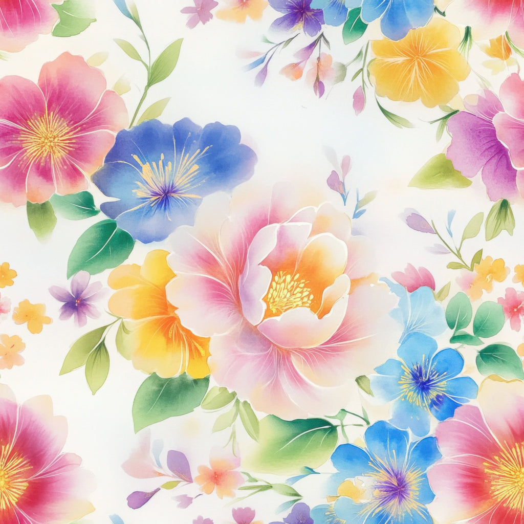 watercolor flowers, soft pastels, pink blooms, blue petals, yellow flowers, purple blossoms, green leaves, floral pattern, delicate stamens, botanical design,, fabric panel, japanese style, spring theme, feminine aesthetic, layered petals, flowing arrangement, gentle gradients, artistic florals, cotton fabric