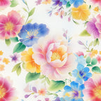 watercolor flowers, soft pastels, pink blooms, blue petals, yellow flowers, purple blossoms, green leaves, floral pattern, delicate stamens, botanical design,, fabric panel, japanese style, spring theme, feminine aesthetic, layered petals, flowing arrangement, gentle gradients, artistic florals, cotton fabric