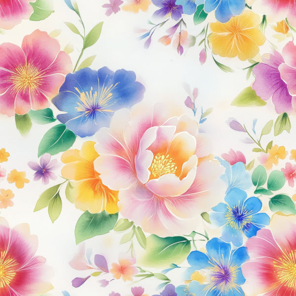 watercolor flowers, soft pastels, pink blooms, blue petals, yellow flowers, purple blossoms, green leaves, floral pattern, delicate stamens, botanical design,, fabric panel, japanese style, spring theme, feminine aesthetic, layered petals, flowing arrangement, gentle gradients, artistic florals, cotton fabric