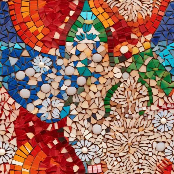 mosaic art, geometric pattern, red tiles, blue tiles, green tiles, orange tiles, white flowers, daisy motifs, circular medallions, tessellated design, vibrant colors, stained glass effect,, fabric panel, floral elements, abstract geometry, multicolored mosaic, decorative tiles, patchwork style, contemporary art