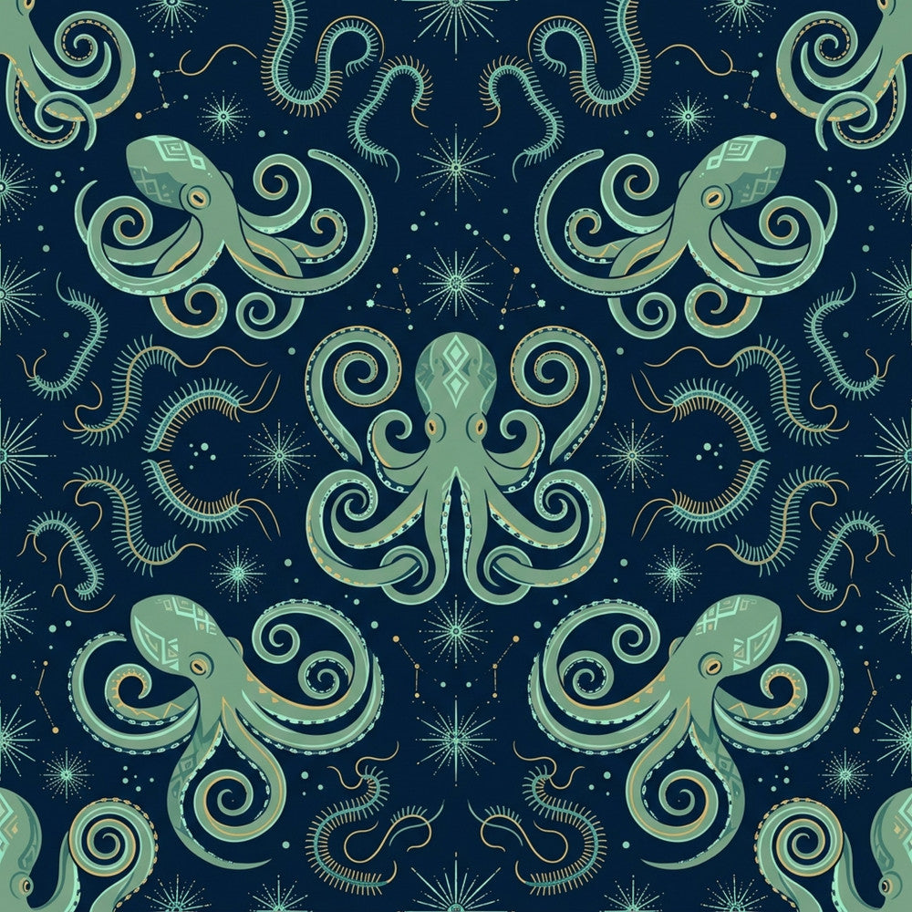 navy blue, seafoam green, sage green, gold accents, octopus, tentacles, celestial, stars, starbursts, cosmic, whimsical, fantasy, magical, steampunk, nautical, ocean themed, sea creatures, spirals, decorative swirls, patterned details, modern, bohemian, nursery, playroom, kids room, adventure theme, underwater, dreamy, enchanted