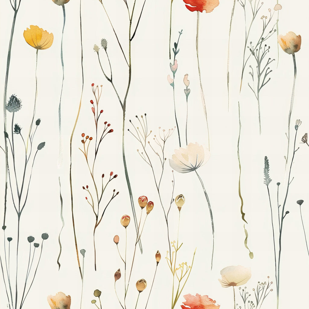 handdrawn wildflowers, meadow pattern, botanical illustration, delicate stems, watercolor style, cream background, orange blooms, red flowers, yellow petals, green foliage, natural elements, whimsical design, organic shapes,, fabric panel, floral motifs, spring flowers, artistic rendering, soft pastels, nature inspired