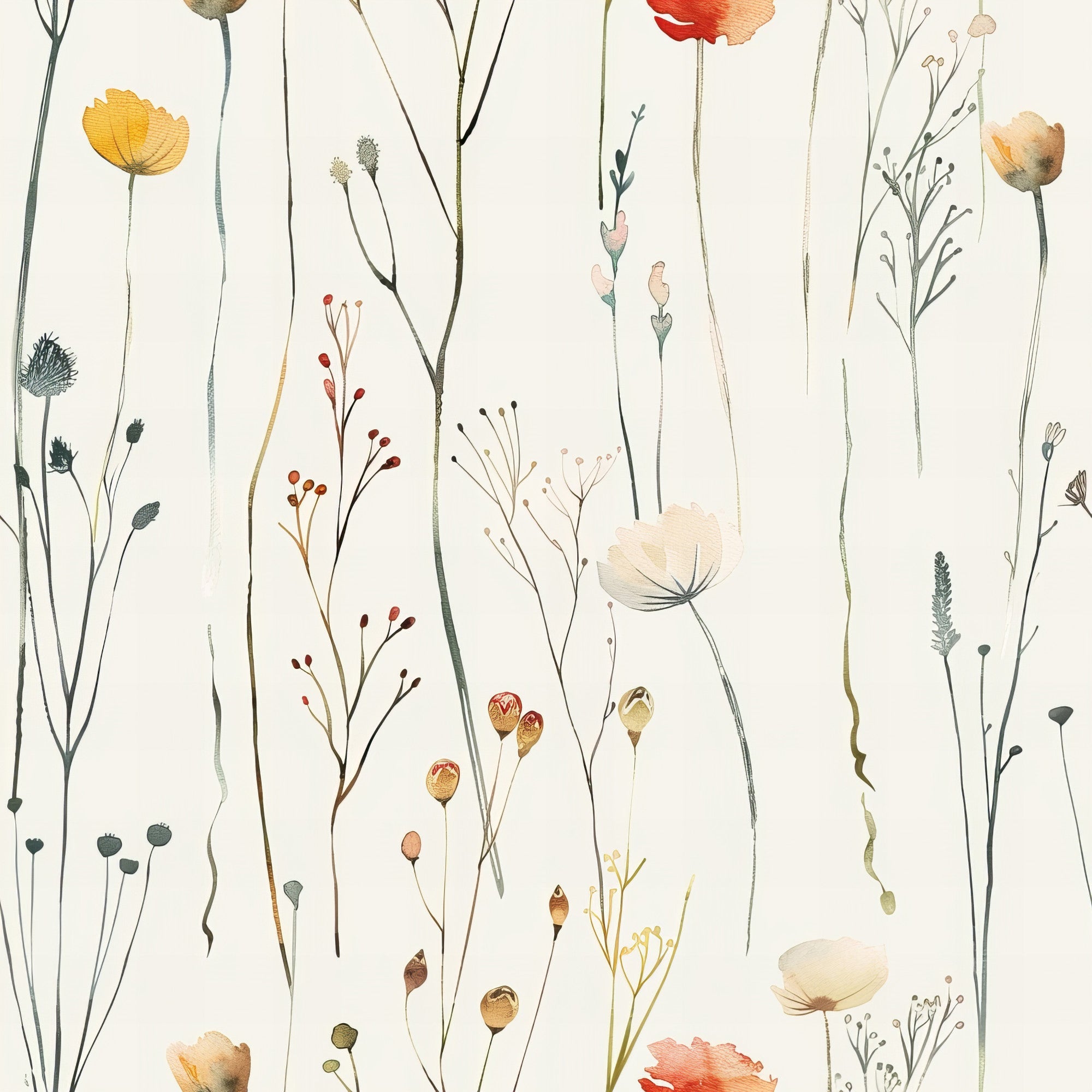 handdrawn wildflowers, meadow pattern, botanical illustration, delicate stems, watercolor style, cream background, orange blooms, red flowers, yellow petals, green foliage, natural elements, whimsical design, organic shapes,, fabric panel, floral motifs, spring flowers, artistic rendering, soft pastels, nature inspired