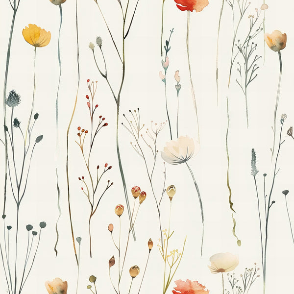 handdrawn wildflowers, meadow pattern, botanical illustration, delicate stems, watercolor style, cream background, orange blooms, red flowers, yellow petals, green foliage, natural elements, whimsical design, organic shapes,, fabric panel, floral motifs, spring flowers, artistic rendering, soft pastels, nature inspired