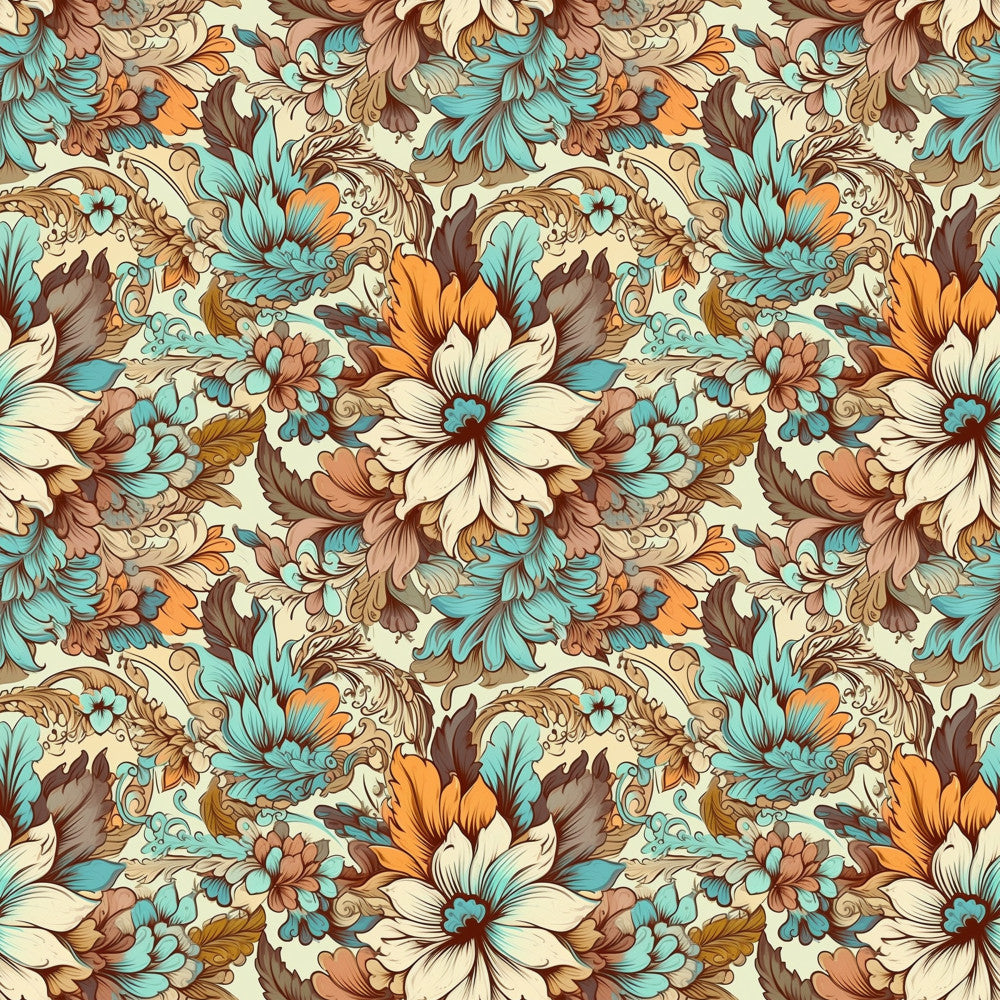 turquoise, cream, burnt orange, chocolate brown, golden tan, floral, damask, vintage, botanical, traditional, elegant, ornate, scrollwork, decorative, leaves, petals, nature-inspired, spring, summer, whimsical, classic, timeless, intricate, detailed, multi-colored, home decor, upholstery, nursery, cottage style, romantic