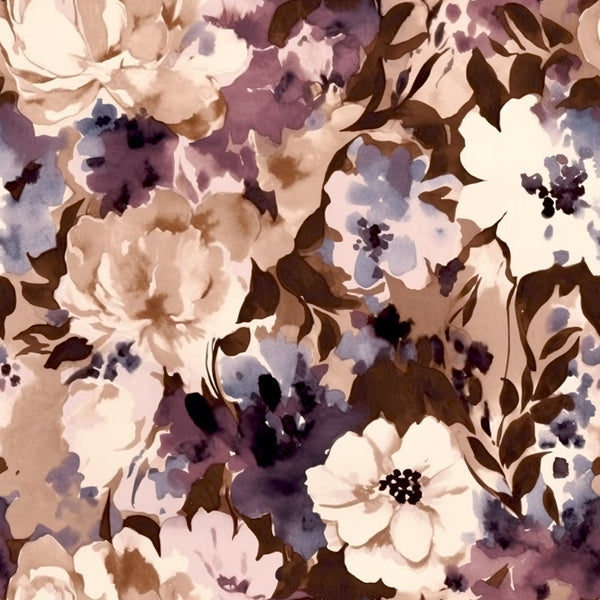 cream floral, dusty purple, mauve, blush pink, chocolate brown, ivory, watercolor floral, vintage floral, rose pattern, peony, botanical print, elegant, romantic, soft feminine, nature-inspired, garden flowers, multi-colored blooms, dark florals, muted tones, spring, summer, soft aesthetic, traditional, classic floral, delicate, ornate, decorative leaves, layered petals