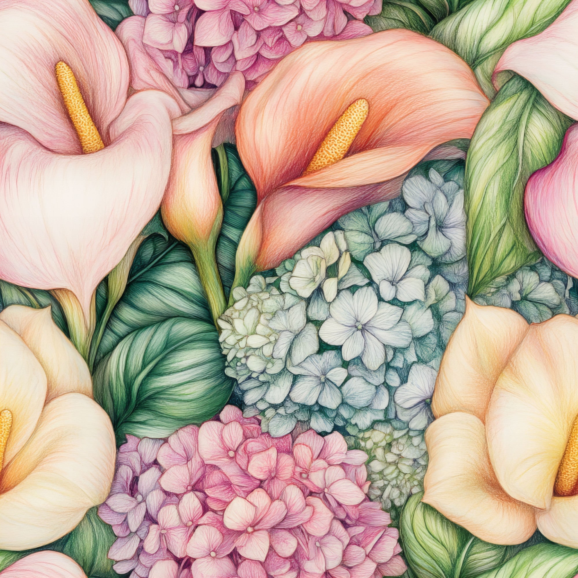 pastel colors, calla lilies, hydrangeas, floral pattern, botanical illustration, pink petals, coral blooms, white flowers, purple hydrangeas, green leaves,, fabric panel, realistic flowers, soft pastels, garden flowers, detailed artwork, nature motifs, spring florals, delicate blooms