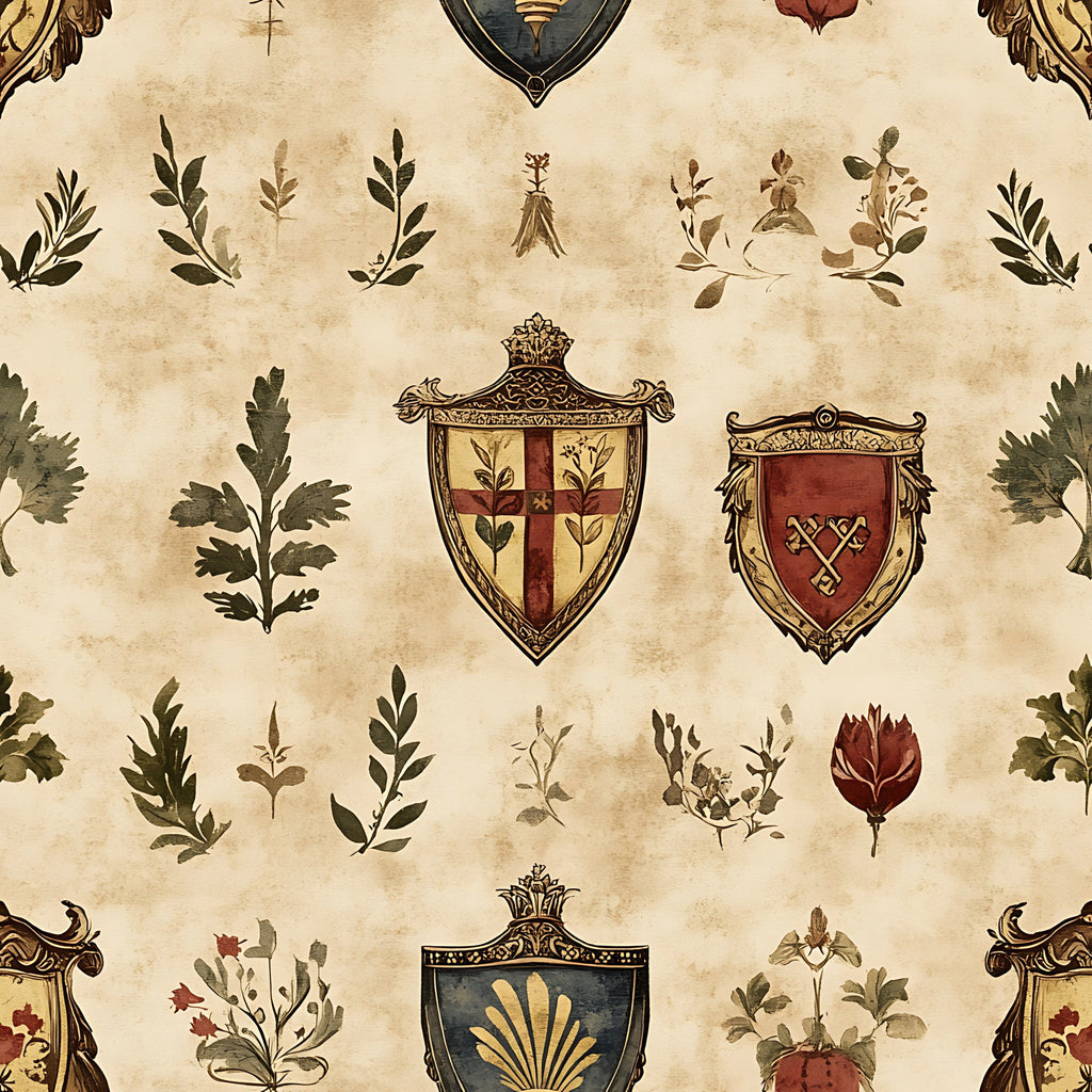 beige, cream, brown, rust red, gold, heraldic shields, coat of arms, botanical elements, leaves, branches, medieval style, vintage aesthetic, ornate borders, decorative crests,, fabric panel, rustic design, antique finish, german motifs, earthy tones