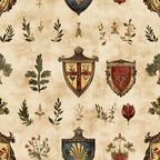 beige, cream, brown, rust red, gold, heraldic shields, coat of arms, botanical elements, leaves, branches, medieval style, vintage aesthetic, ornate borders, decorative crests,, fabric panel, rustic design, antique finish, german motifs, earthy tones