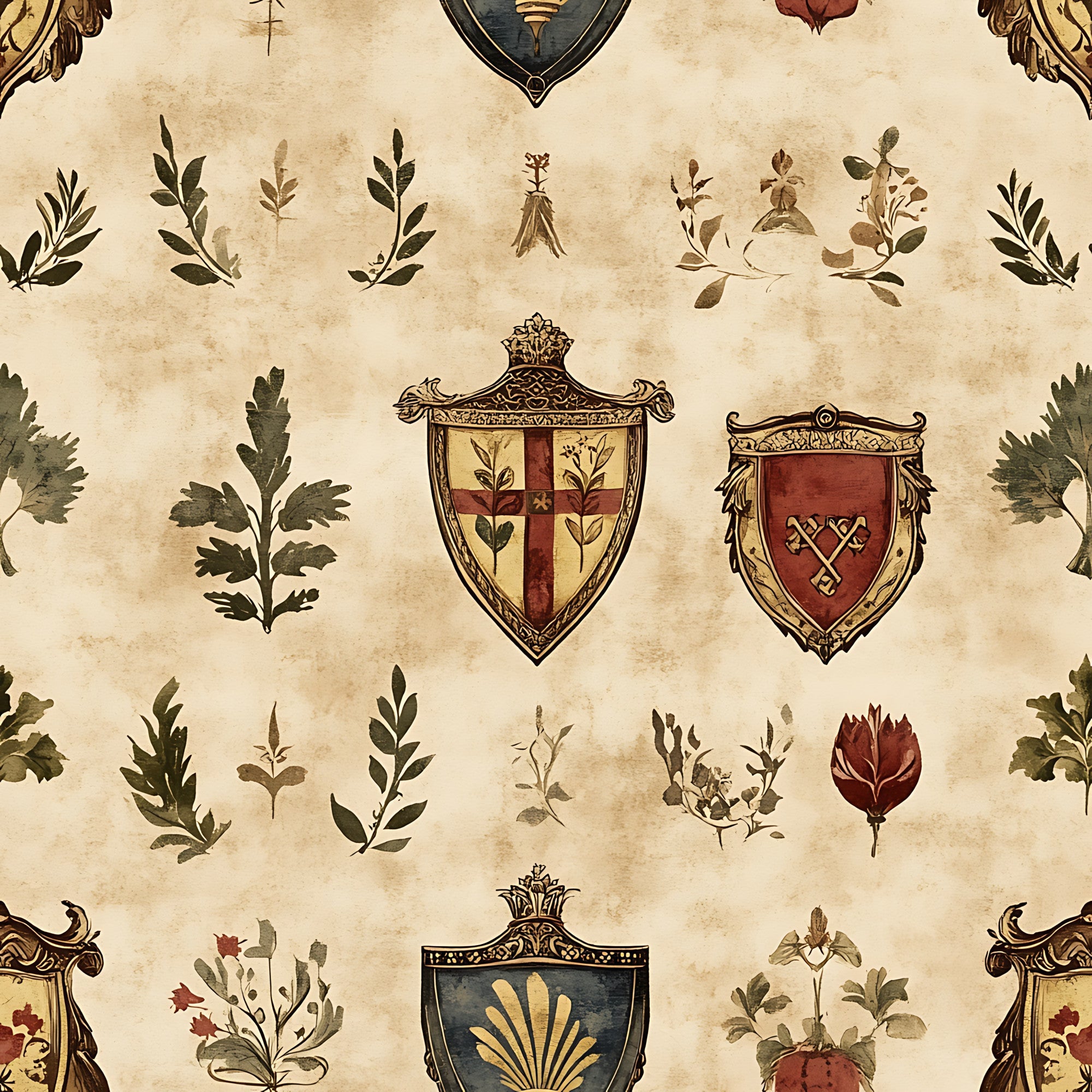 beige, cream, brown, rust red, gold, heraldic shields, coat of arms, botanical elements, leaves, branches, medieval style, vintage aesthetic, ornate borders, decorative crests,, fabric panel, rustic design, antique finish, german motifs, earthy tones
