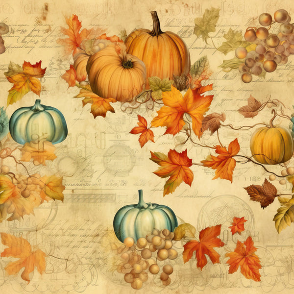 autumn pumpkin, fall harvest, maple leaves, vintage style, rustic design, cream background, burnt orange, golden yellow, sage green, warm tones, botanical illustration, nature themed, seasonal decor, thankful harvest, cottage core, traditional pattern, decorative leaves, grapevines, berries, antique script, aged paper texture, fall foliage, harvest time, thanksgiving, autumnal colors, elegant vintage, farmhouse style, natural elements, nostalgic design