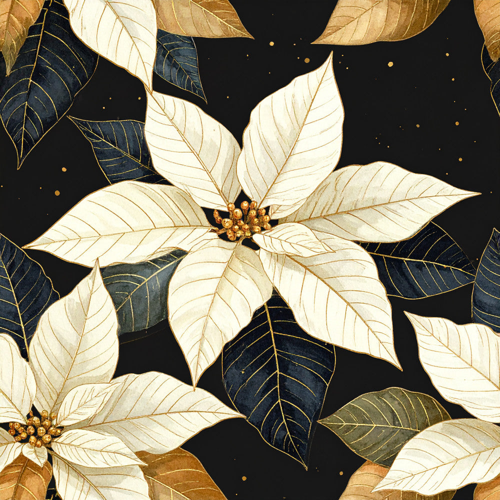 cream poinsettia, gold leaf, navy blue, black background, floral pattern, botanical, elegant, luxury, christmas, holiday, winter, celestial, stars, nature, traditional, sophisticated, cream flowers, golden accents, dark academia, festive, seasonal, poinsettia motif, leaf details, shimmer effect, timeless, classic, decorative arts, botanical illustration