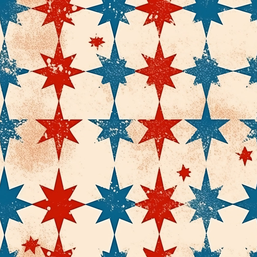 red, blue, cream, beige, patriotic stars, eight-pointed stars, distressed texture, vintage weathered, alternating pattern, geometric design, americana theme,, fabric panel, grunge effect, worn appearance, star motif, repeating pattern, rustic finish, faded look, textured surface