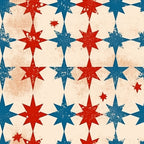 red, blue, cream, beige, patriotic stars, eight-pointed stars, distressed texture, vintage weathered, alternating pattern, geometric design, americana theme,, fabric panel, grunge effect, worn appearance, star motif, repeating pattern, rustic finish, faded look, textured surface