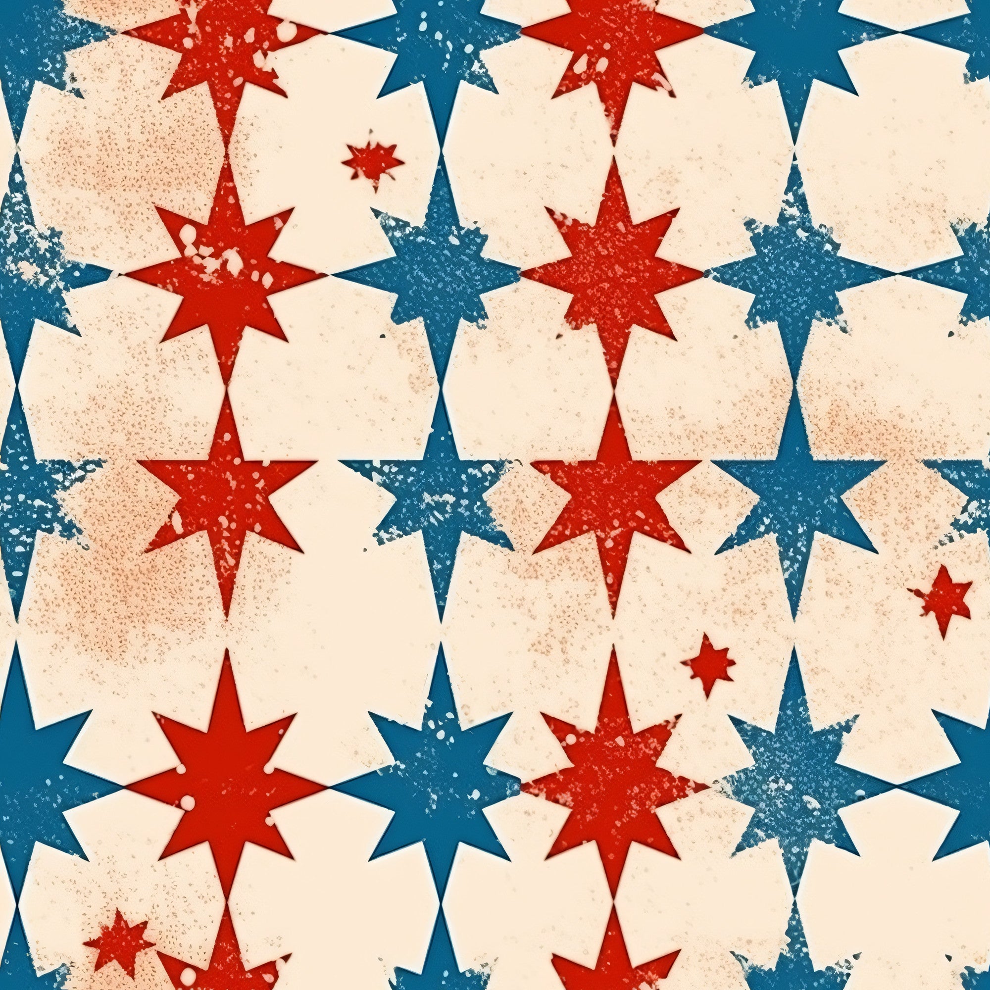 red, blue, cream, beige, patriotic stars, eight-pointed stars, distressed texture, vintage weathered, alternating pattern, geometric design, americana theme,, fabric panel, grunge effect, worn appearance, star motif, repeating pattern, rustic finish, faded look, textured surface