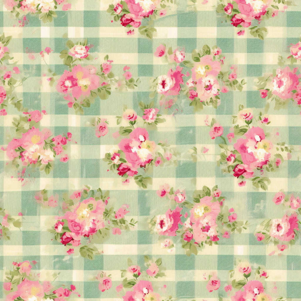sage green, cream, pink roses, floral bouquets, gingham check, plaid background, vintage flowers, cottage core, shabby chic,, fabric panel, romantic florals, pastel blooms, country style, soft colors, rose clusters, checkered pattern, feminine design, spring flowers
