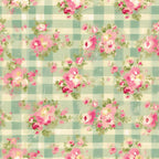 sage green, cream, pink roses, floral bouquets, gingham check, plaid background, vintage flowers, cottage core, shabby chic,, fabric panel, romantic florals, pastel blooms, country style, soft colors, rose clusters, checkered pattern, feminine design, spring flowers