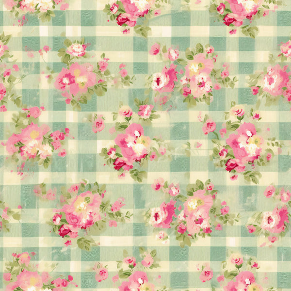 sage green, cream, pink roses, floral bouquets, gingham check, plaid background, vintage flowers, cottage core, shabby chic,, fabric panel, romantic florals, pastel blooms, country style, soft colors, rose clusters, checkered pattern, feminine design, spring flowers
