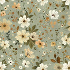 sage green, cream flowers, peach blossoms, olive leaves, brown centers, cottagecore, vintage floral, botanical pattern,, fabric panel, wildflowers, daisy-like blooms, earthy tones, romantic florals, scattered blossoms, delicate stems, muted pastels, whimsical garden, folk art style, seamless repeat