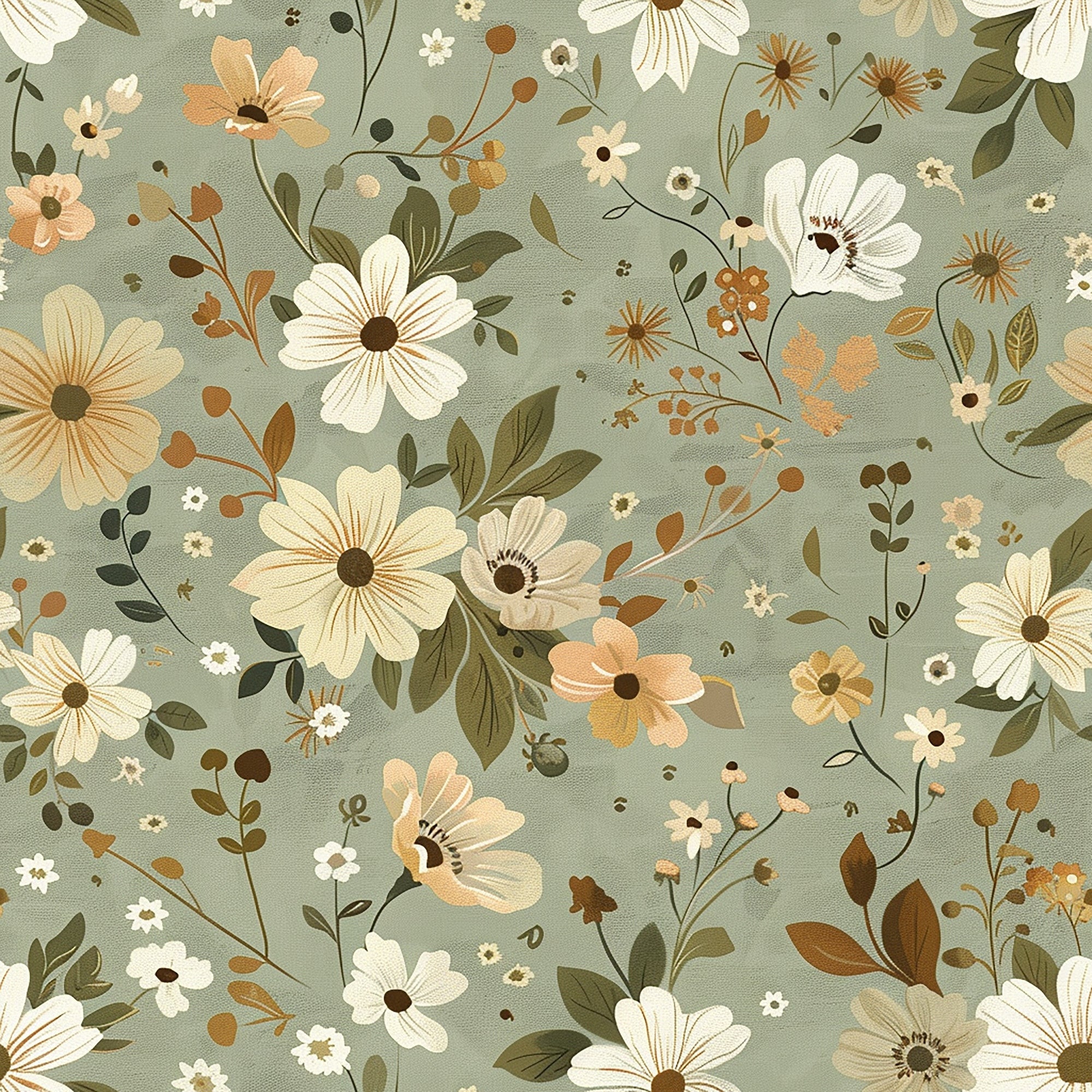 sage green, cream flowers, peach blossoms, olive leaves, brown centers, cottagecore, vintage floral, botanical pattern,, fabric panel, wildflowers, daisy-like blooms, earthy tones, romantic florals, scattered blossoms, delicate stems, muted pastels, whimsical garden, folk art style, seamless repeat