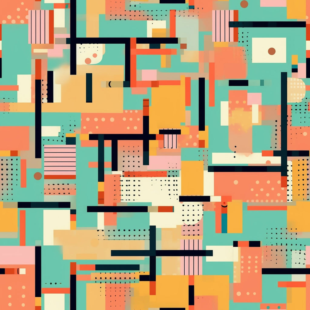 geometric, abstract, retro, teal, coral, orange, yellow, pink, cream, black, rectangles, squares, dots, stripes, overlapping shapes, modern art, collage style, contemporary,, fabric panel, groovy, boho, hippie, 1970s inspired, patchwork design