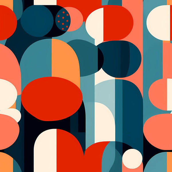 coral pink, navy blue, teal, cream, red, orange, geometric, abstract, modern, contemporary, mid-century modern, retro, vintage, circles, rounded shapes, bold, vibrant, playroom, nursery, kids room, baby, contemporary art, minimalist, stylized, color blocking, overlapping shapes, artistic, decorative, home decor