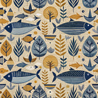 navy blue, mustard yellow, cream background, fish motifs, sea creatures, leaves, botanical elements, whales, small fish, geometric patterns, folk art style, scandinavian design,, fabric panel, ocean theme, marine life, stylized illustrations, textured patterns, nautical motifs, repeating design