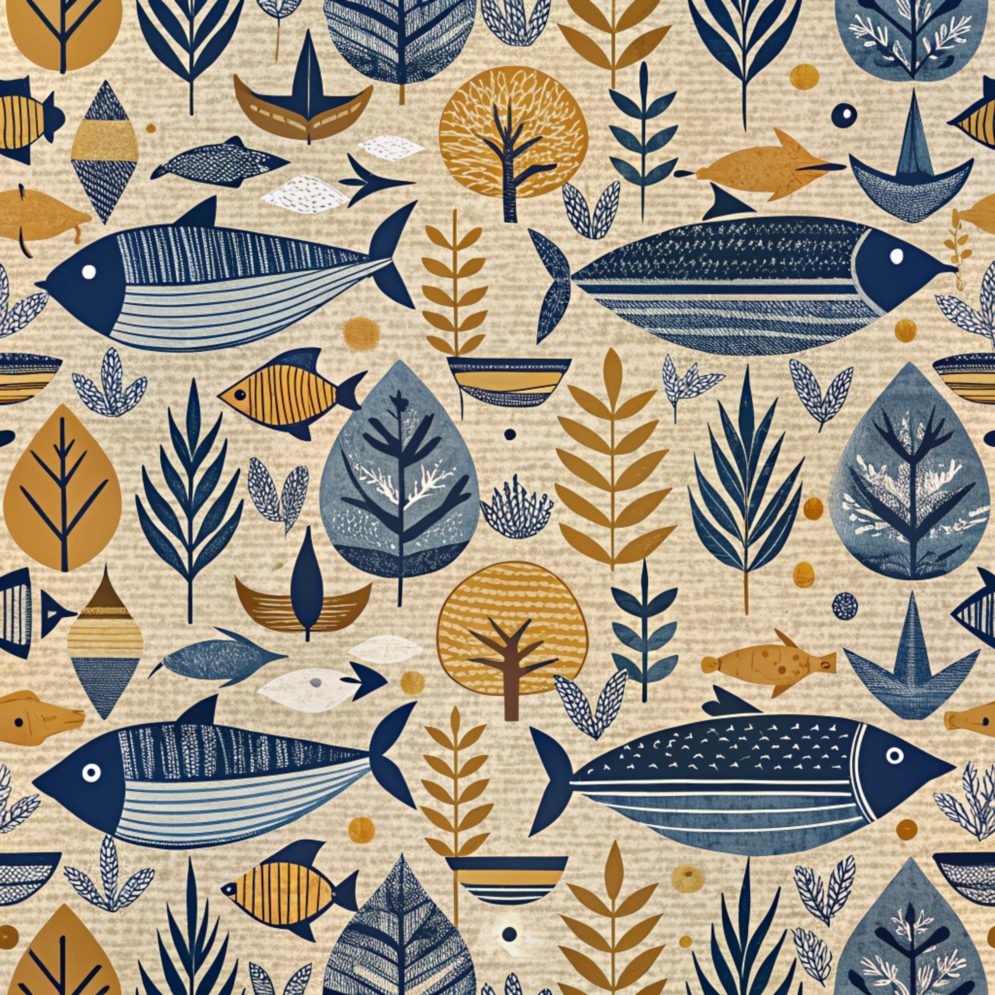 navy blue, mustard yellow, cream background, fish motifs, sea creatures, leaves, botanical elements, whales, small fish, geometric patterns, folk art style, scandinavian design,, fabric panel, ocean theme, marine life, stylized illustrations, textured patterns, nautical motifs, repeating design
