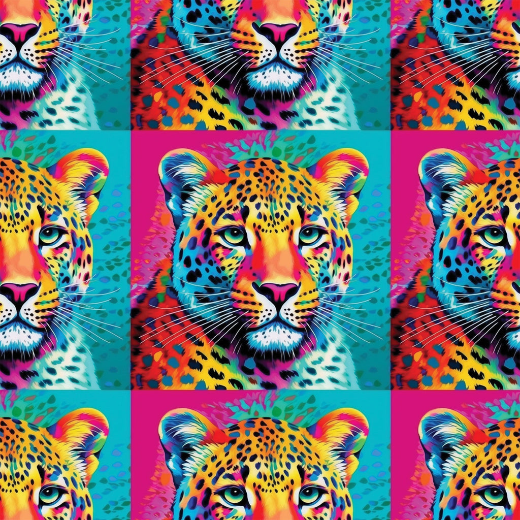 leopard faces, big cat, vibrant neon, electric blue, hot pink, bright yellow, orange, turquoise, pop art style, animal portrait, spotted pattern, whiskers, green eyes, psychedelic colors, rainbow gradient, wildlife motif,, fabric panel, contemporary art, digital print