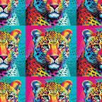 leopard faces, big cat, vibrant neon, electric blue, hot pink, bright yellow, orange, turquoise, pop art style, animal portrait, spotted pattern, whiskers, green eyes, psychedelic colors, rainbow gradient, wildlife motif,, fabric panel, contemporary art, digital print