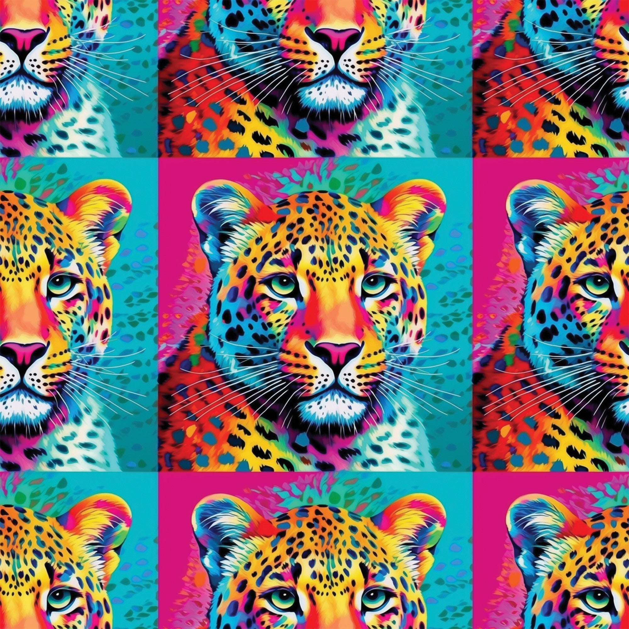 leopard faces, big cat, vibrant neon, electric blue, hot pink, bright yellow, orange, turquoise, pop art style, animal portrait, spotted pattern, whiskers, green eyes, psychedelic colors, rainbow gradient, wildlife motif,, fabric panel, contemporary art, digital print