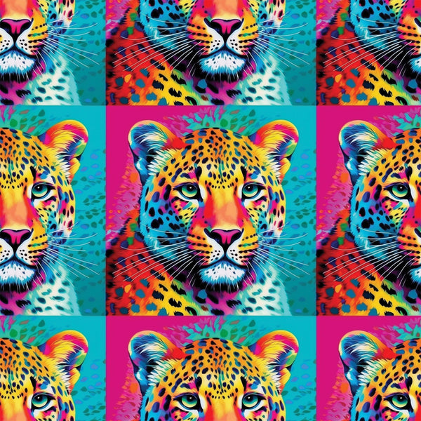 leopard faces, big cat, vibrant neon, electric blue, hot pink, bright yellow, orange, turquoise, pop art style, animal portrait, spotted pattern, whiskers, green eyes, psychedelic colors, rainbow gradient, wildlife motif,, fabric panel, contemporary art, digital print