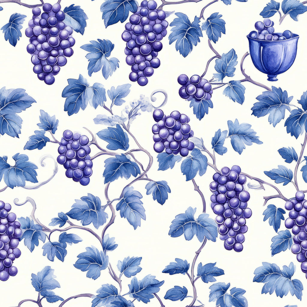 purple grapes, blue leaves, grape vines, wine chalice, botanical pattern, repeating motif, watercolor style, vineyard theme,, fabric panel, purple berries, grapevine branches, wine cup, fruit design, botanical illustration, cream background, vine leaves, grape clusters, wine theme, nature motifs