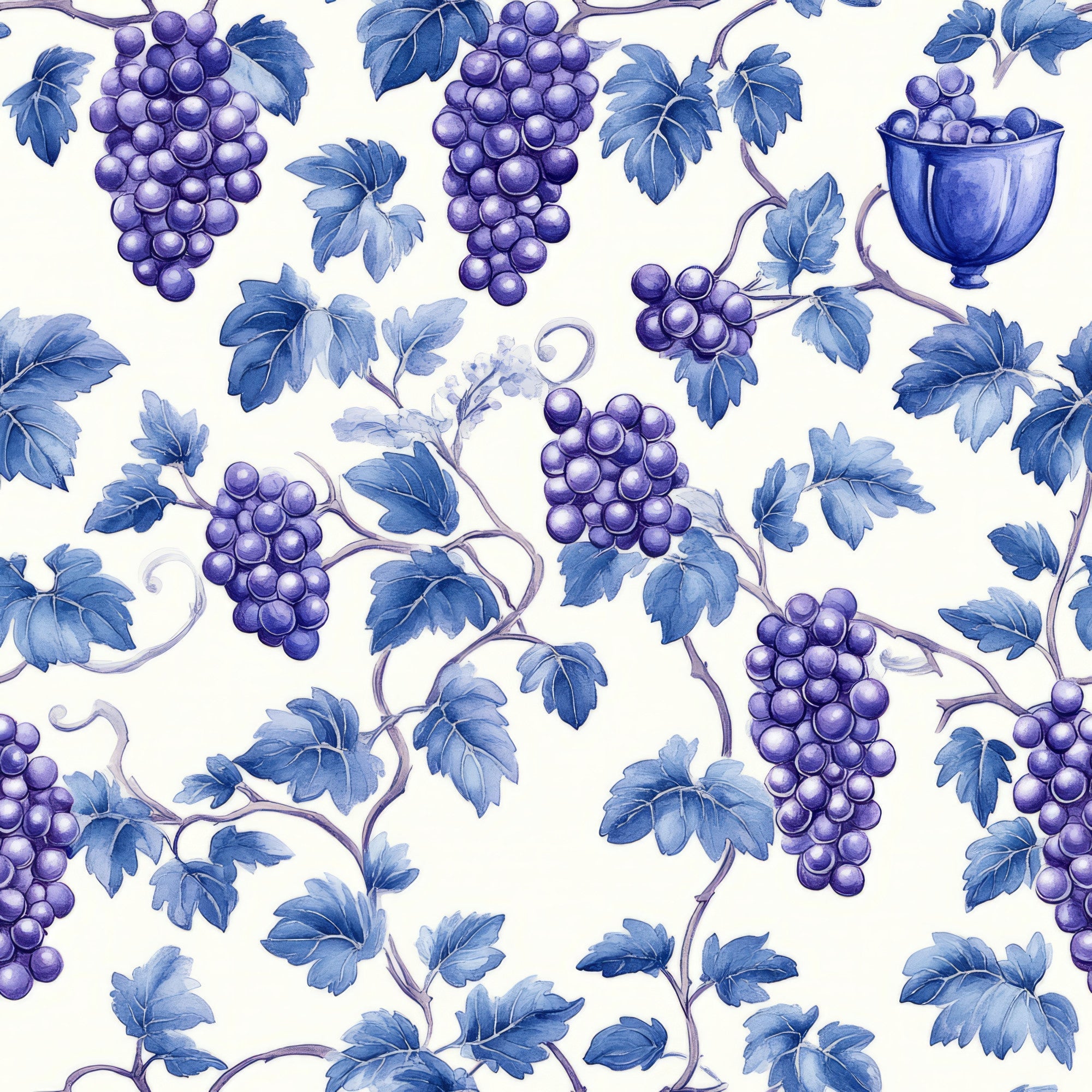 purple grapes, blue leaves, grape vines, wine chalice, botanical pattern, repeating motif, watercolor style, vineyard theme,, fabric panel, purple berries, grapevine branches, wine cup, fruit design, botanical illustration, cream background, vine leaves, grape clusters, wine theme, nature motifs