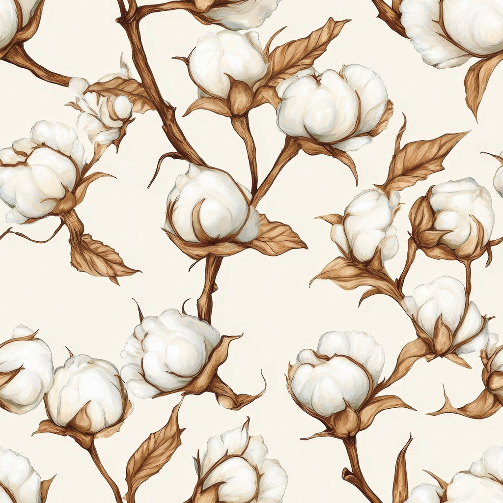 raw white, cream, beige, brown, cotton bolls, cotton plants, botanical pattern, natural fibers, floral design, vintage style,, fabric panel, seamless repeat, cotton blossoms, stems, leaves, organic motifs, neutral tones, farmhouse aesthetic, harvest theme