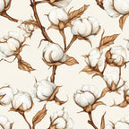 raw white, cream, beige, brown, cotton bolls, cotton plants, botanical pattern, natural fibers, floral design, vintage style,, fabric panel, seamless repeat, cotton blossoms, stems, leaves, organic motifs, neutral tones, farmhouse aesthetic, harvest theme