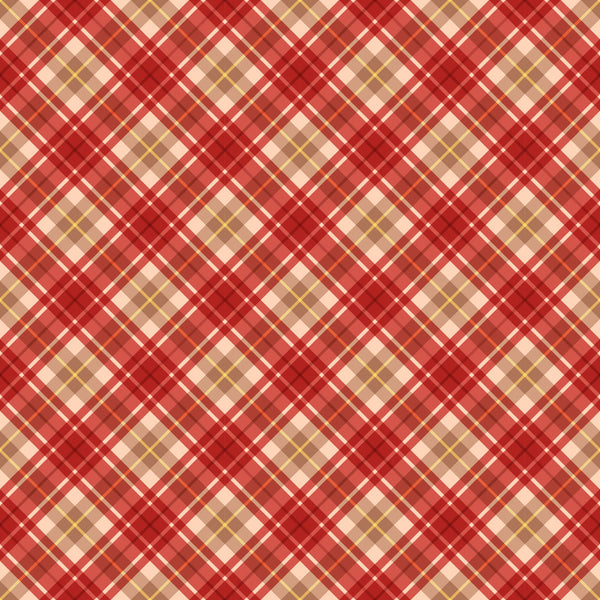 christmas plaid, red tartan, diagonal stripes, cream background, burgundy accents, golden yellow lines, white stripes, crosshatch pattern, holiday fabric,, geometric design, festive colors, textile panel, warm tones, intersecting lines, checkered motif, seasonal fabric, cotton material, craft supplies, patchwork design