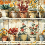 potted plants, watercolor style, autumn colors, orange flowers, red blooms, yellow daisies, terracotta pots, botanical illustration, garden theme,, fabric panel, warm tones, floral arrangement, greenhouse scene, rustic planters, fall foliage, craft fabric, nature motifs, vintage aesthetic