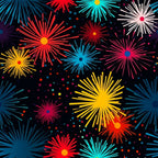 fireworks pattern, black background, bright colors, red fireworks, blue fireworks, yellow fireworks, pink fireworks, cyan bursts, colorful explosions, starburst design, celebration theme, festive pattern,, fabric panel, radiating lines, sparkle dots, night sky, party theme, geometric bursts, vibrant colors